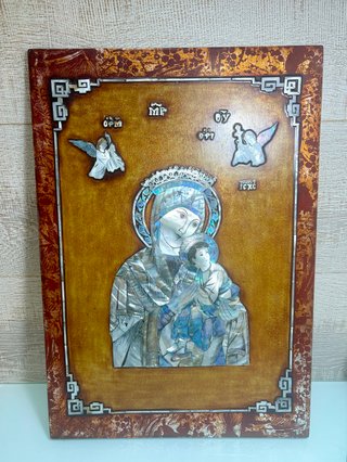 Panel religioso imagen Virgen y el Niño en nacar