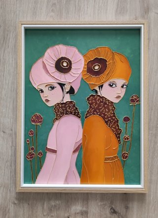 Cuadro Pintura Vidrio Niñas Flores