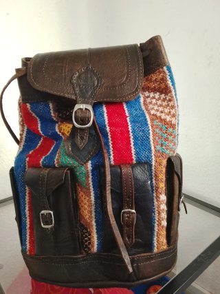 Bolso Mochila Vintage Cuero y Tejido