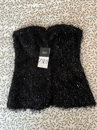 Top bustier fiesta Zara negro flecos lentejuelas