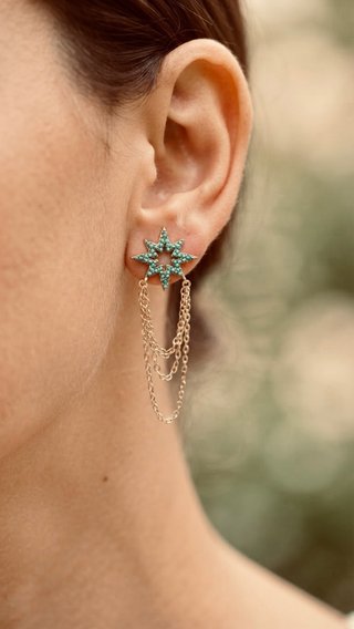 Pendientes estrella dorados con cadenas turquesa