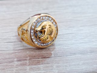 Anillo Acero Inoxidable Cabeza León Dorado