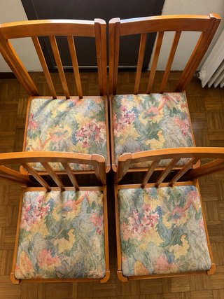 Conjunto madera: sofá, 2 sillones, 4 sillas
