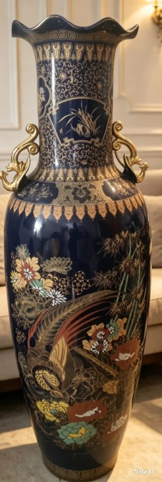 Jarrón de porcelana azul y dorado