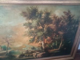 Antico quadro paesaggio con chiesa e ponte
