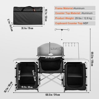 Mesa de Cocina para Camping, Mesa de Cocina Plegable para Exterior con Bolsa de Almacenamiento, Estación de Cocina de Aluminio con 3 Armarios y Paraviento Desmontable, Montaje Rápido para Picnics,...