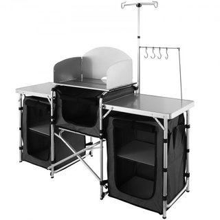Mesa de Cocina para Camping, Mesa de Cocina Plegable para Exterior con Bolsa de Almacenamiento, Estación de Cocina de Aluminio con 3 Armarios y Paraviento Desmontable, Montaje Rápido para Picnics,...