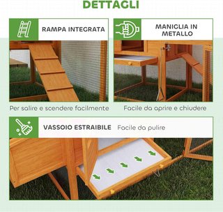 Gallinero de Jardín de Madera de Abeto y Metal para 1-2 Gallinas, Gallinero con Área de Nido, Espacio Abierto y Casa, 179X67X115 Cm, Naranja