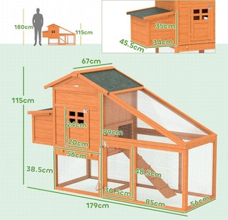 Gallinero de Jardín de Madera de Abeto y Metal para 1-2 Gallinas, Gallinero con Área de Nido, Espacio Abierto y Casa, 179X67X115 Cm, Naranja