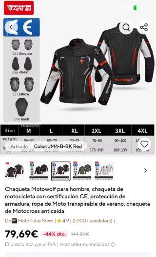Chaqueta Motorwolf 4XL Verano Hombre Negra/Roja