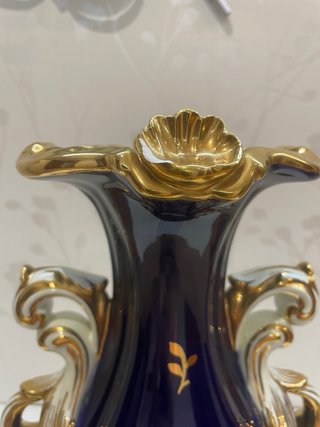 Jarrón Vintage Isabelino Azul Cobalto y Oro
