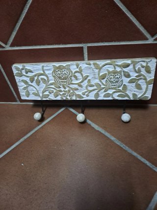 Perchero Madera Rústico Búhos Blanco