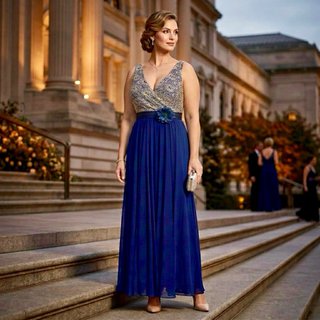 Vestido de fiesta azul y dorado (con tocado)