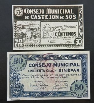 2 Billetes Locales Aragón (Reproducciones)