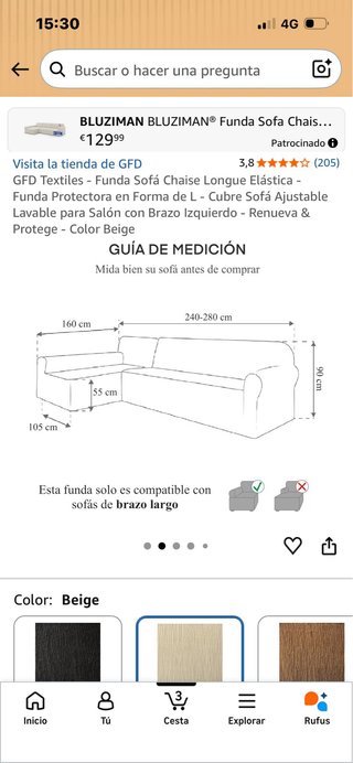 Funda sofá chaise longue BLUZIMAN beige