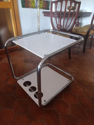 Mesa camarera vintage cromada y cristal