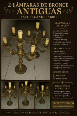 2 Lámparas Bronce Antiguas Estilo Candelabro