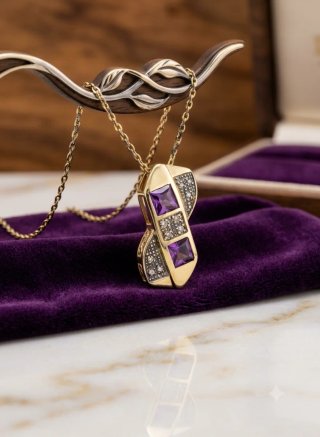 Colgante Oro Amarillo con Amatistas y Diamantes