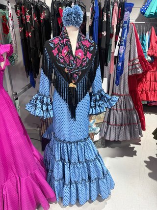 Traje Flamenca Azul con Lunares Negros