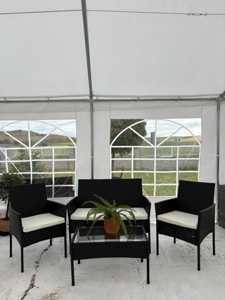 Conjunto Rattan 2 Sillas 1 Sofá Mesa Cristal