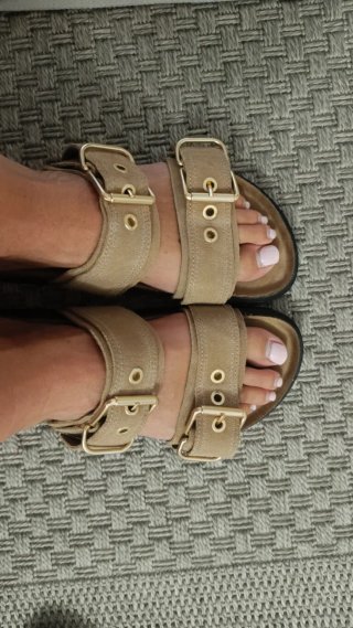 Sandalias marrones con hebillas doradas.