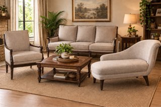 Sofá y sillón de tela y madera