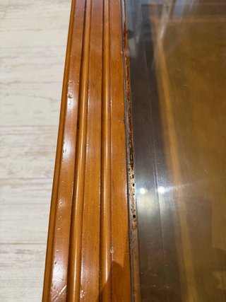 Mesa baja madera cristal cajón y balda