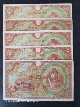 Correlativos 5 Billetes Japoneses 100 Yenes japon.