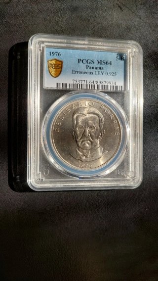 5 Balboas 1976 Panama.Error Plata PCGS MS64