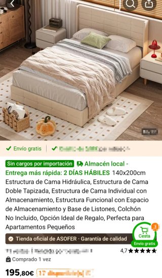 Cama Doble Hidráulica Beige + colchón aparte(120€)