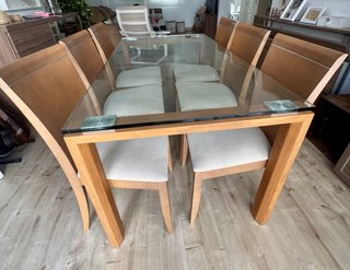 Mesa comedor cristal y 6 sillas madera