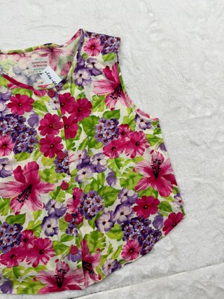 Vintage Floral Sleeveless Blouse Pink Green