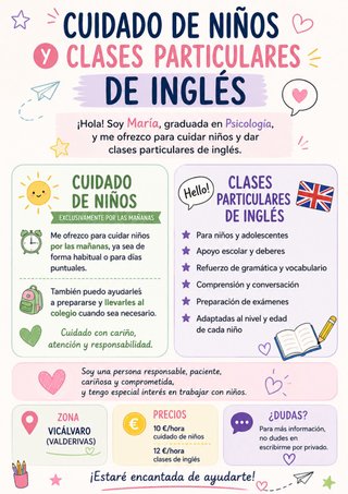 Clases particulares de inglés y cuidado de niños.