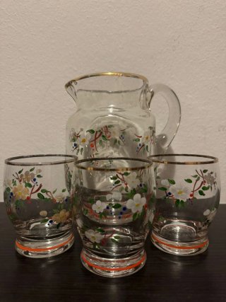 Set vintage di caraffe e bicchieri in cristallo dipinti a mano