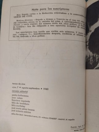 Revista Temas de Cine número 7, agosto de 1960