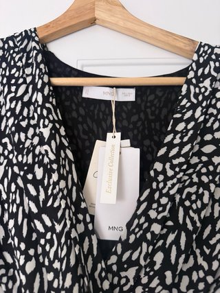 Vestido Mango Talla Estampado Blanco y Negro