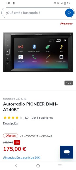 Autorradio Pioneer DMH-A240BT Precio90€