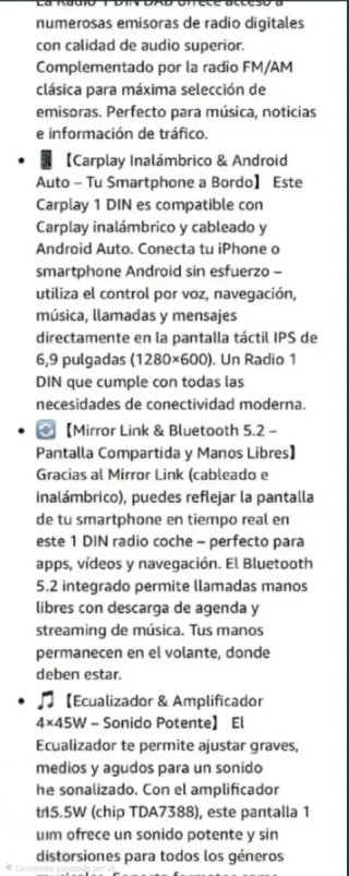 Radio Coche 1 DIN CarPlay Android 6.9