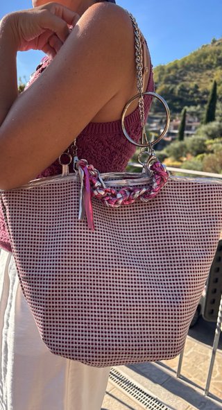 Borsa pelle bicolore porpora/argento
