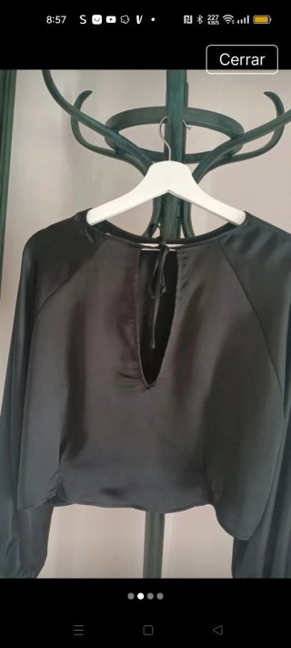 Blusa negra satinada manga larga crop