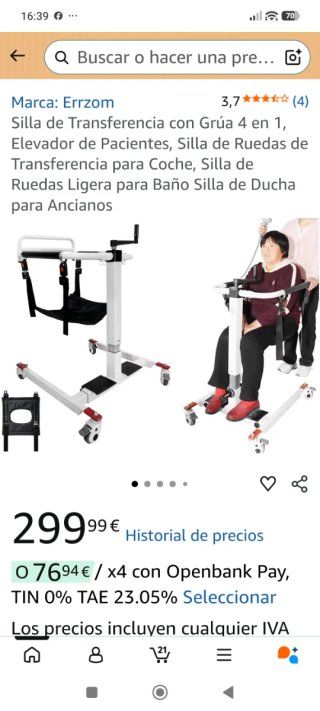 Silla de transferencia/grúa para persona dependien