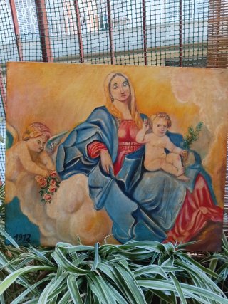 Antico dipinto olio su tela Madonna Bambino