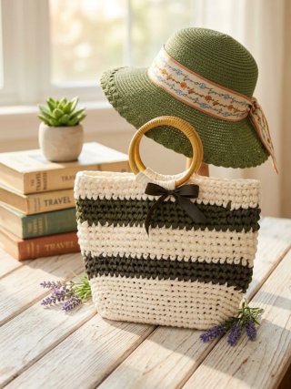 Bolso casual tejido blanco y verde