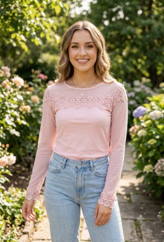 Blusa rosa de manga larga con encaje