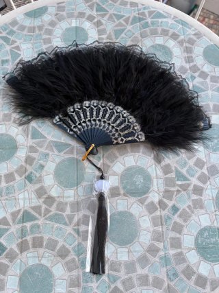 Abanico negro con detalles dorados y plumas