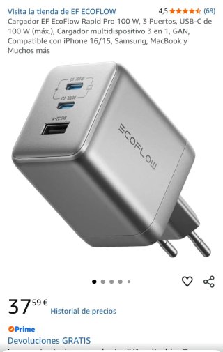 Cargador EcoFlow 100W 3 Puertos USB-C + Cable