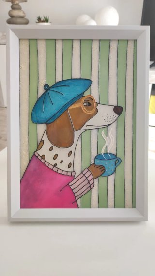Cuadro Pintura Vidrio Perro con Sombrero