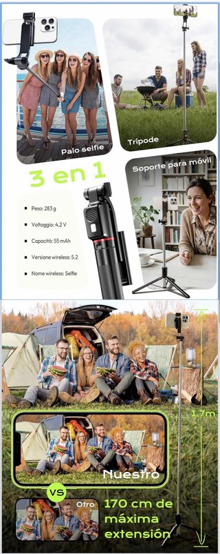 Tripode Selfie Movil 170cm Palo Selfie Bluetooth