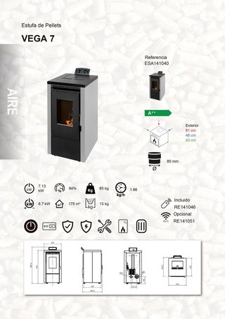 Estufa Pellets vega 7,13 kW A++ 94% 175 m³