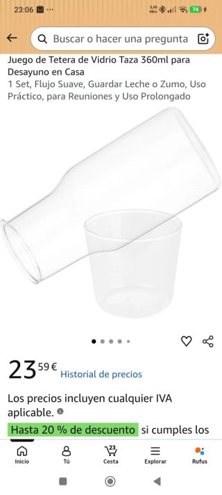 Juego Tetera Vidrio Taza 360ml